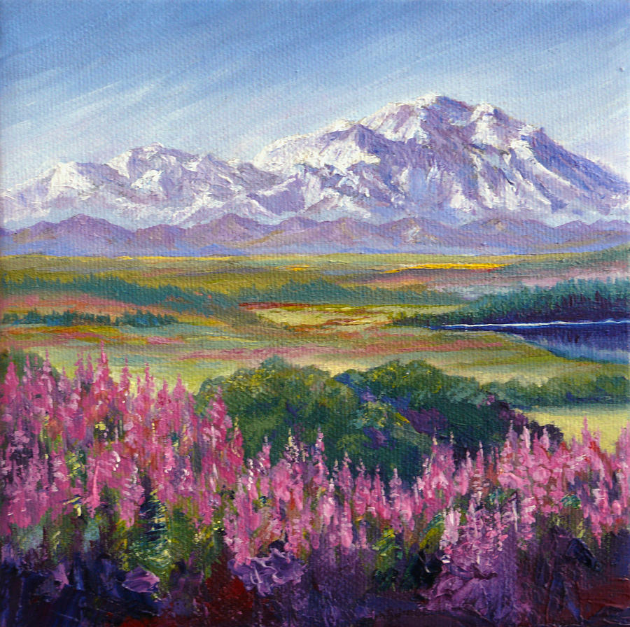 Denali and Fireweed Alaska Painting by Karen Mattson