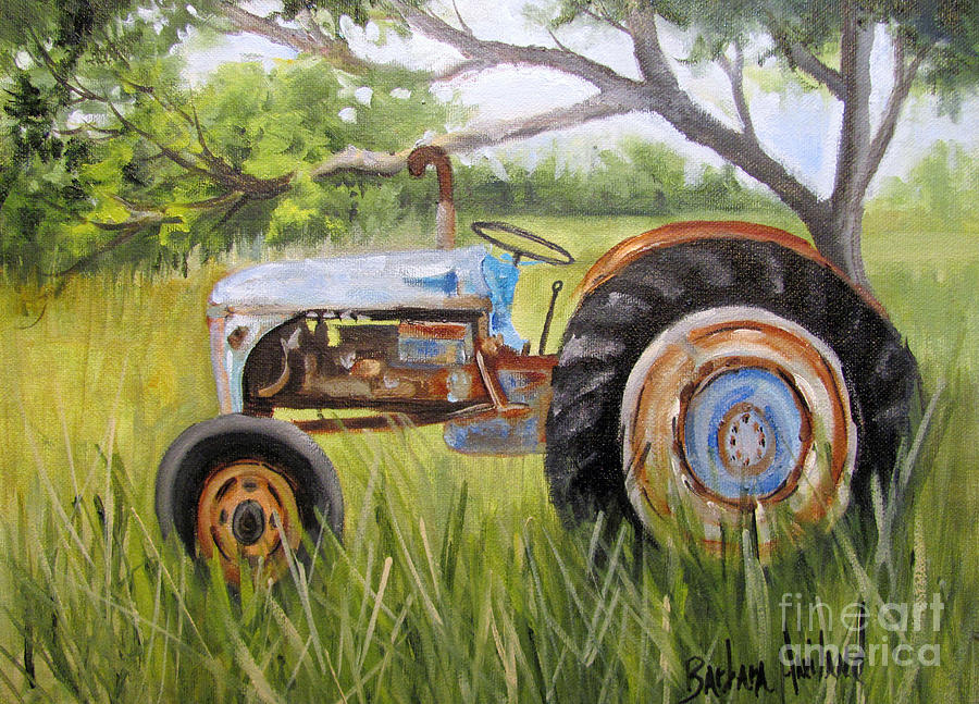 Landscape Painting - Denas Blue Tractor by Barbara Haviland