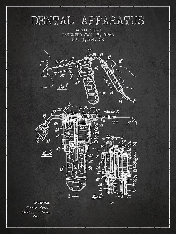 Vintage Digital Art - Dental Apparatus patent drawing from 1965 - Dark by Aged Pixel