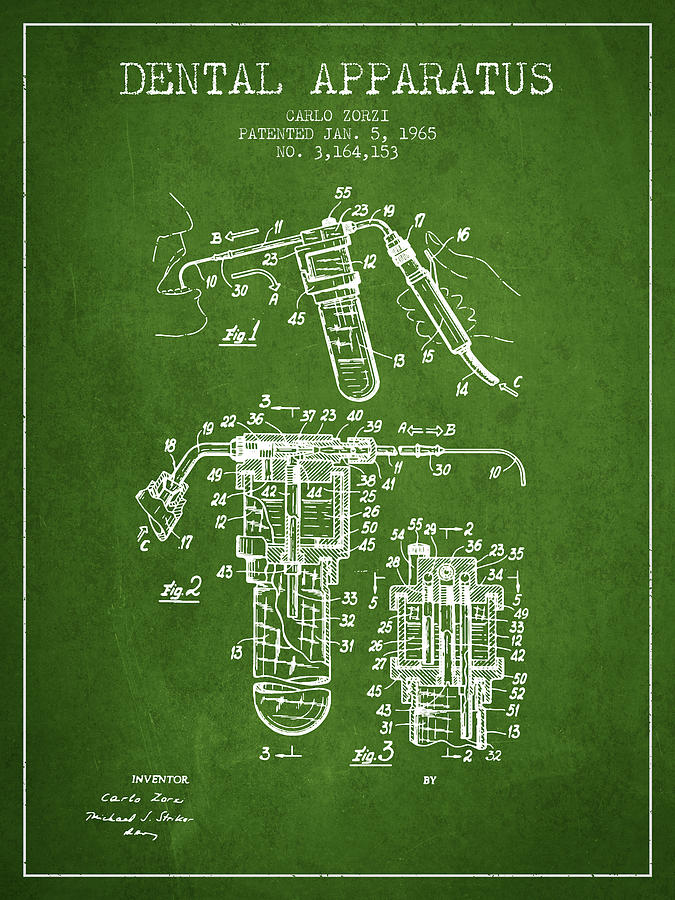 Vintage Digital Art - Dental Apparatus patent drawing from 1965 - Green by Aged Pixel
