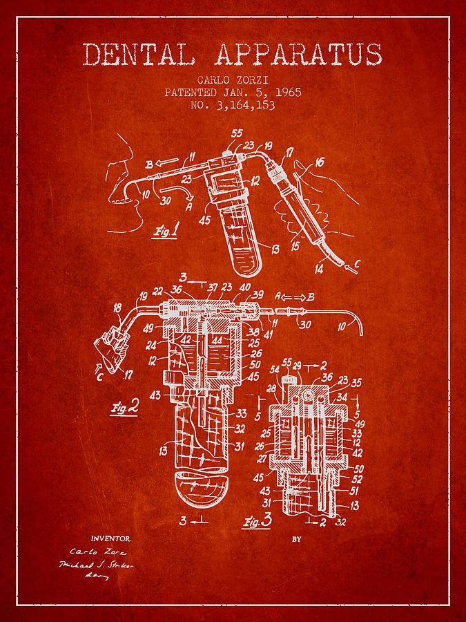 Vintage Digital Art - Dental Apparatus patent drawing from 1965 - Red by Aged Pixel