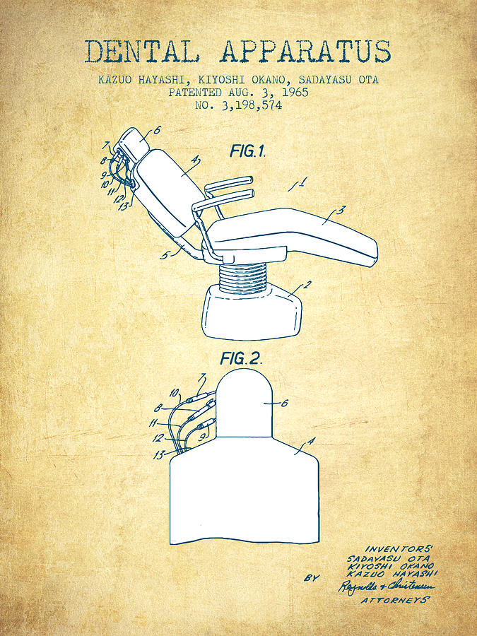 Dental Apparatus Patent From 1965 - Vintage Paper Drawing