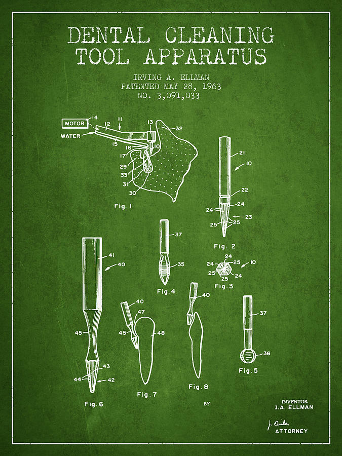 Vintage Digital Art - Dental Cleaning Tool Apparatus patent from 1963 - Green by Aged Pixel
