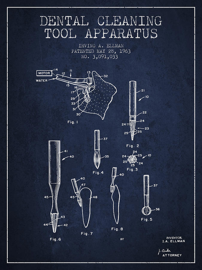 Vintage Digital Art - Dental Cleaning Tool Apparatus patent from 1963 - Navy Blue by Aged Pixel