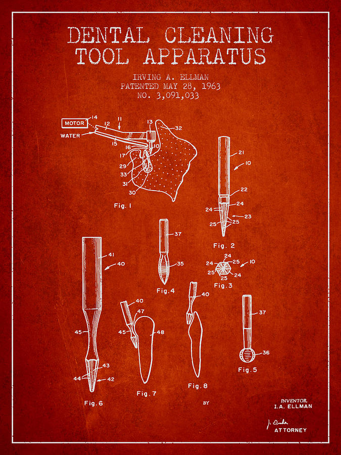 Vintage Digital Art - Dental Cleaning Tool Apparatus patent from 1963 - Red by Aged Pixel