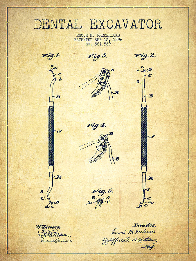 Dental Excavator Patent Drawing From 1896 - Vintage Digital Art