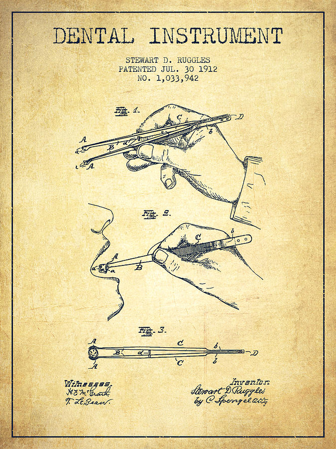 Vintage Digital Art - Dental Instrument patent from 1912 - Vintage by Aged Pixel