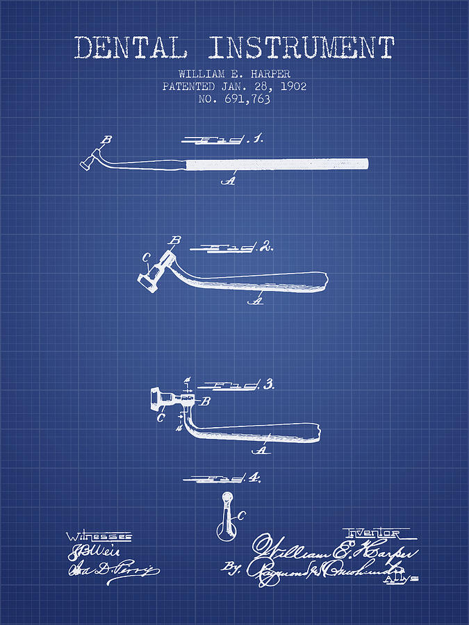 Pliers Digital Art - Dental Instruments patent from 1902 -  Blueprint by Aged Pixel