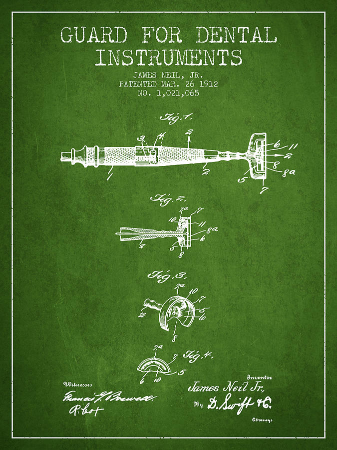Pliers Digital Art - Dental Instruments patent from 1912 - Green by Aged Pixel