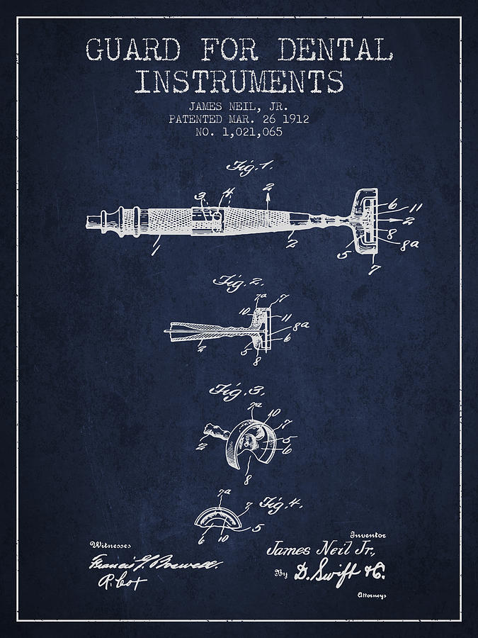 Pliers Digital Art - Dental Instruments patent from 1912 - Navy Blue by Aged Pixel