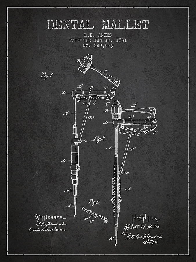Pliers Digital Art - Dental Mallet patent from 1881 - Charcoal by Aged Pixel