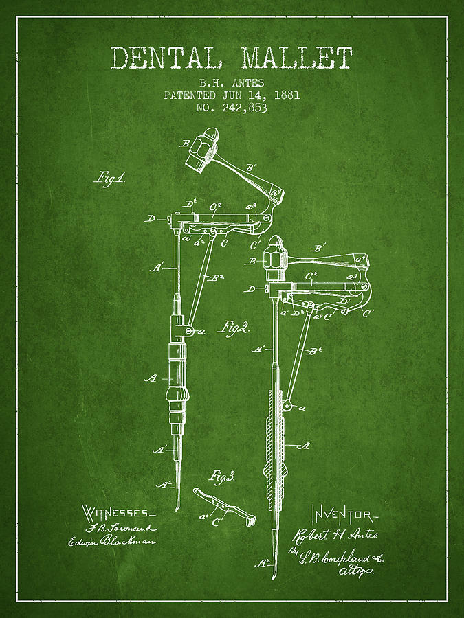 Pliers Digital Art - Dental Mallet patent from 1881 - Green by Aged Pixel