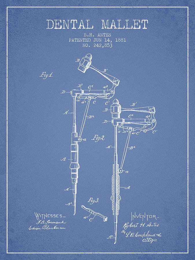 Pliers Digital Art - Dental Mallet patent from 1881 - Light Blue by Aged Pixel