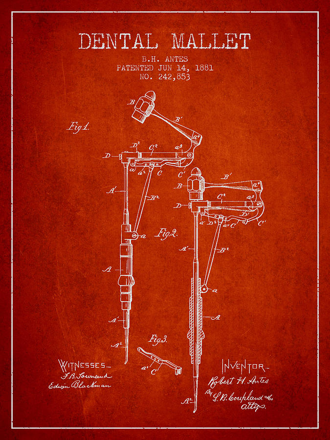 Pliers Digital Art - Dental Mallet patent from 1881 - Red by Aged Pixel