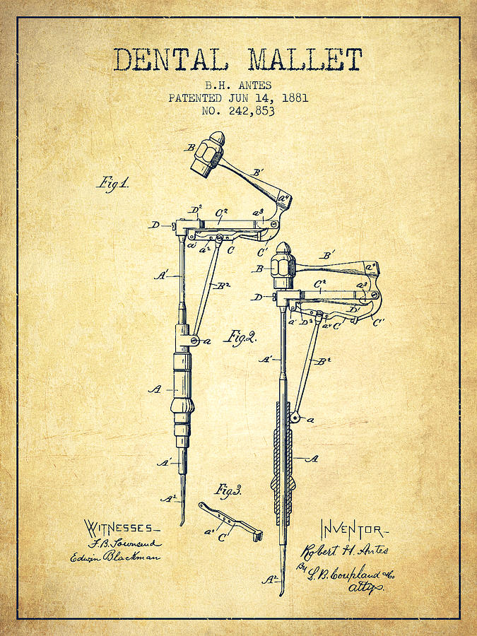 Pliers Digital Art - Dental Mallet patent from 1881 - Vintage by Aged Pixel