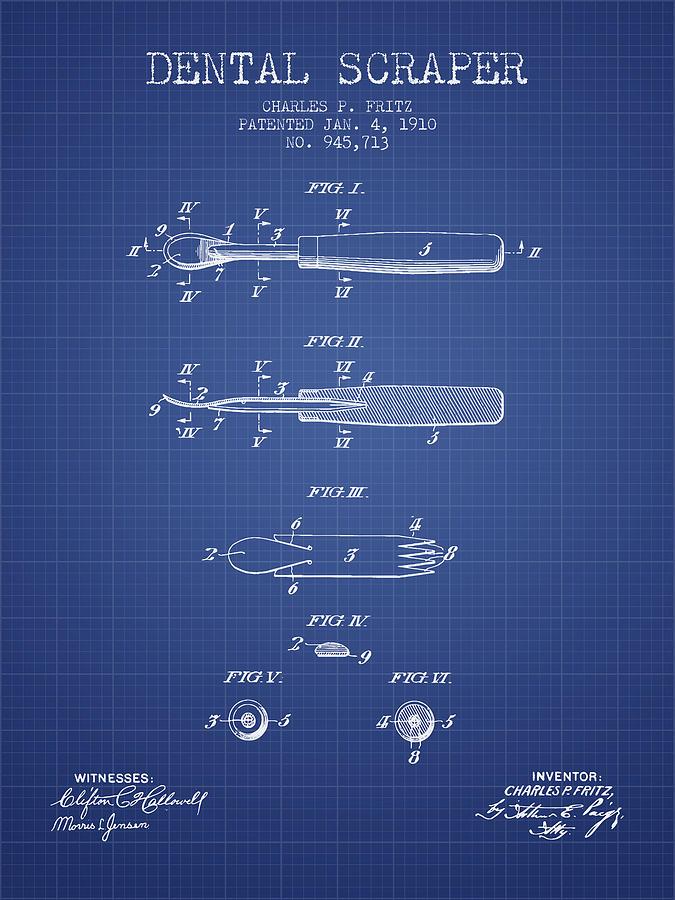 Pliers Digital Art - Dental Scraper patent from 1910- Blueprint by Aged Pixel
