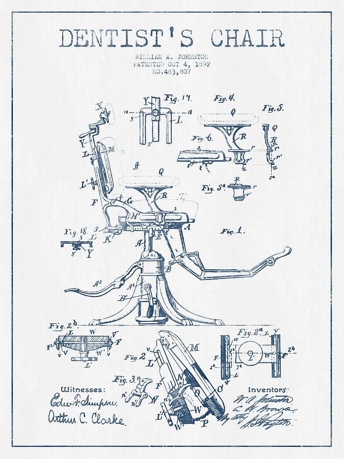 Dentist Chair Patent Drawing From 1892 - Blue Ink Digital Art