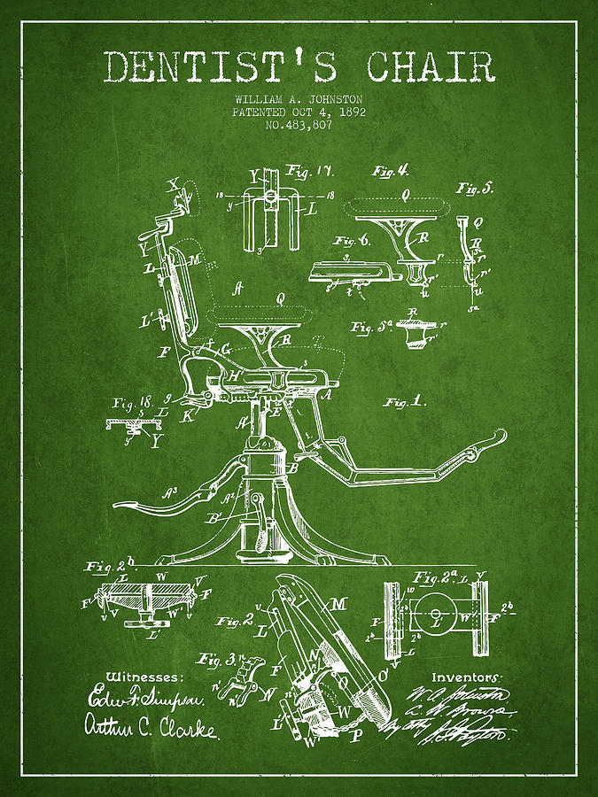 Dentist Chair Patent Drawing From 1892 - Green Digital Art
