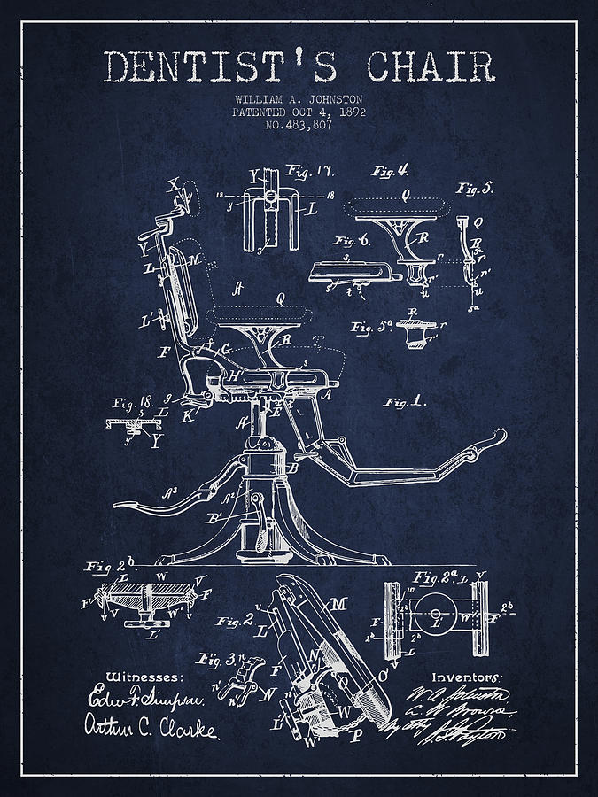 Vintage Digital Art - Dentist Chair Patent drawing from 1892 - Navy Blue by Aged Pixel