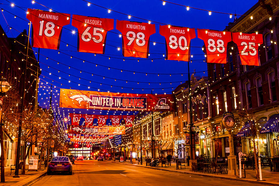 Denver Larimer Square Blue Hour NFL United in Orange Photograph by Teri Virbickis
