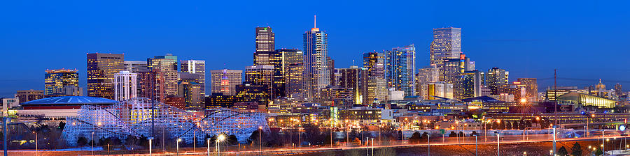 Denver Skyline at Dusk Evening Color Evening Extra Wide Panorama Broncos Photograph by Jon Holiday
