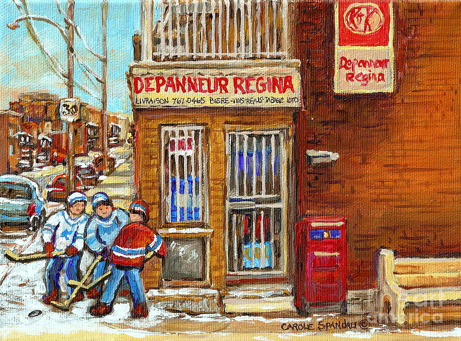 Depanneur Regina Verdun Winter Street Scene Hockey Paintings South West Montreal Stores Hockey Art  Painting by Carole Spandau