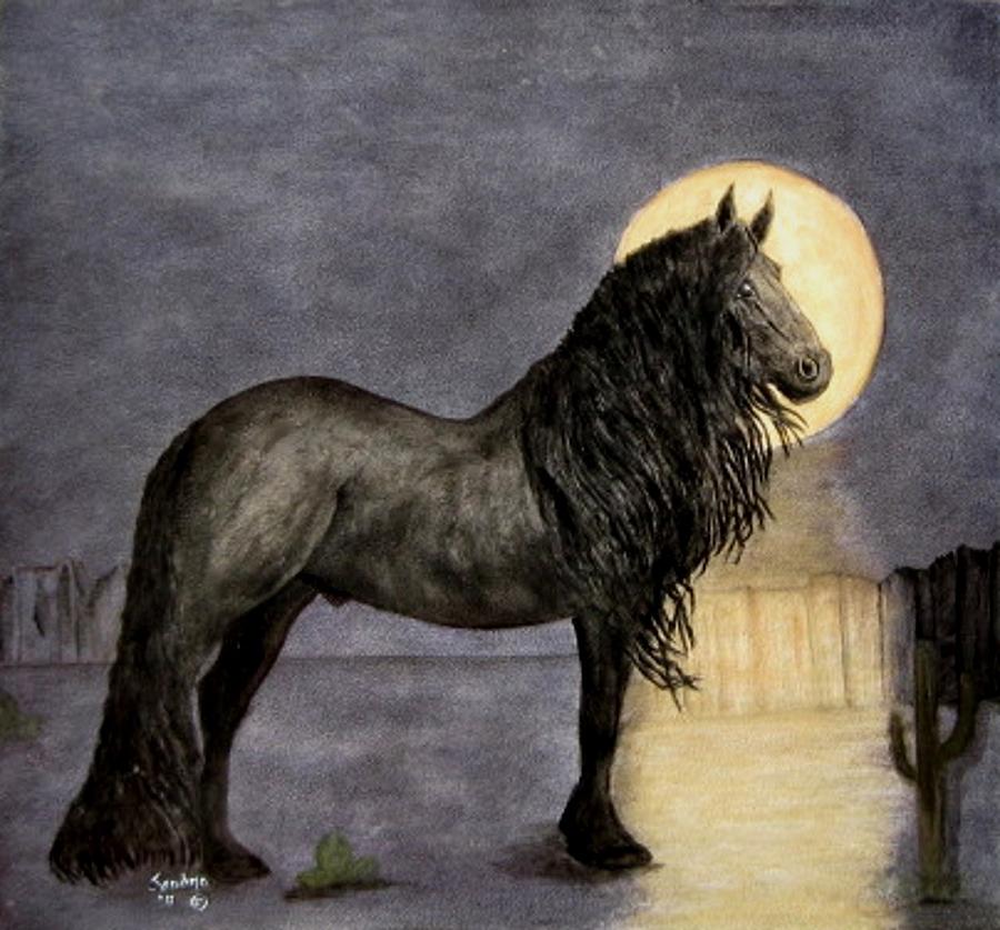 Desert Moonlight And Friesian Stallion Painting