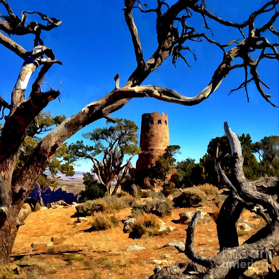 Grand Canyon National Park Painting - DesertView Watchtower Grand Canyon by Bob and Nadine Johnston