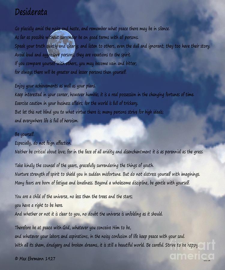 Desiderata on Sky Scene with Full Moon and Clouds Photograph by Barbara A Griffin