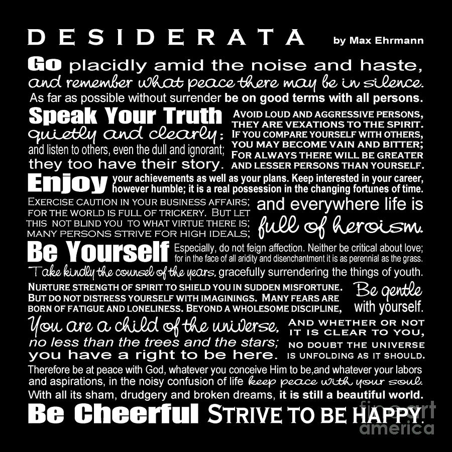 Desiderata - White Text On Black Background - Reversed Type Digital Art