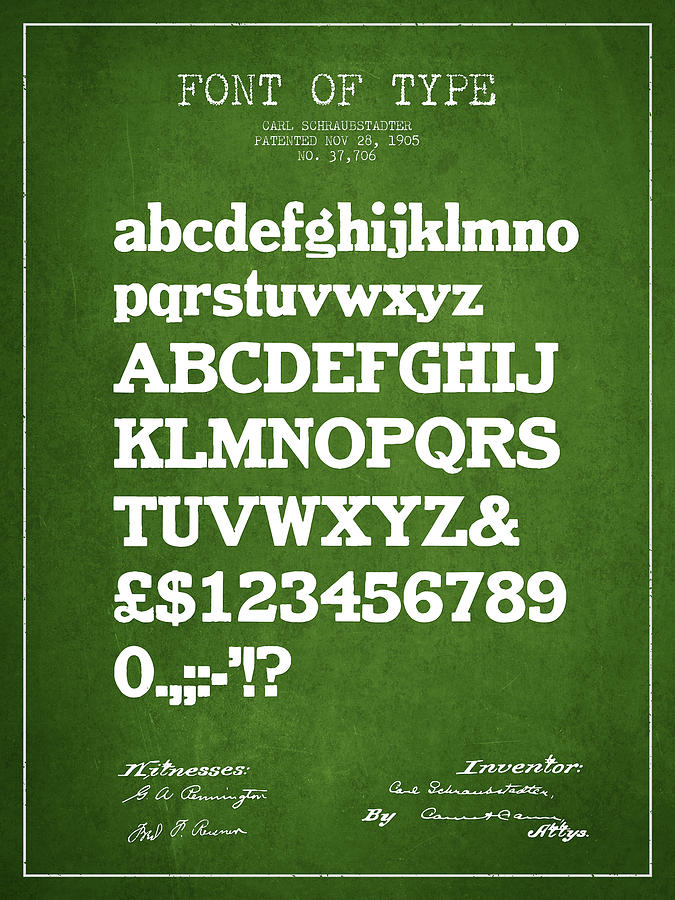 Typography Drawing - Design for a Font of  Type Patent Drawing from 1905 - Green by Aged Pixel