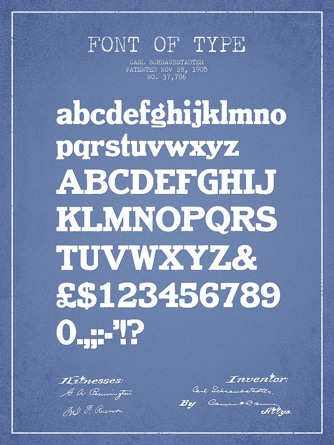 Typography Drawing - Design for a Font of  Type Patent Drawing from 1905 - Light Blue by Aged Pixel