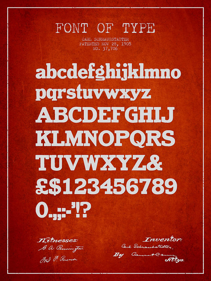 Typography Drawing - Design for a Font of  Type Patent Drawing from 1905 - Red by Aged Pixel
