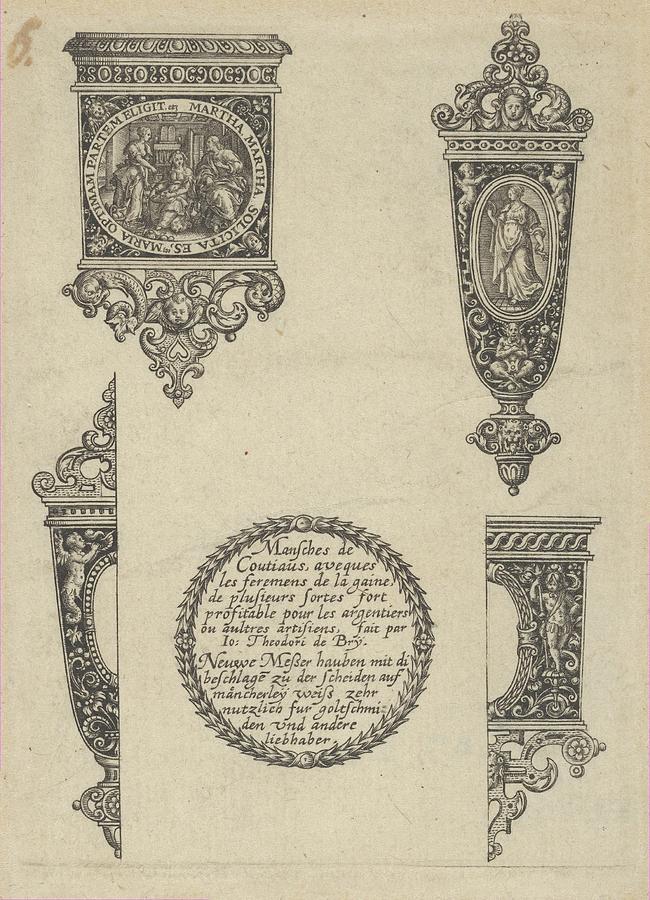 Design For Four Knife Handles With Title Drawing by Johann Theodor de ...