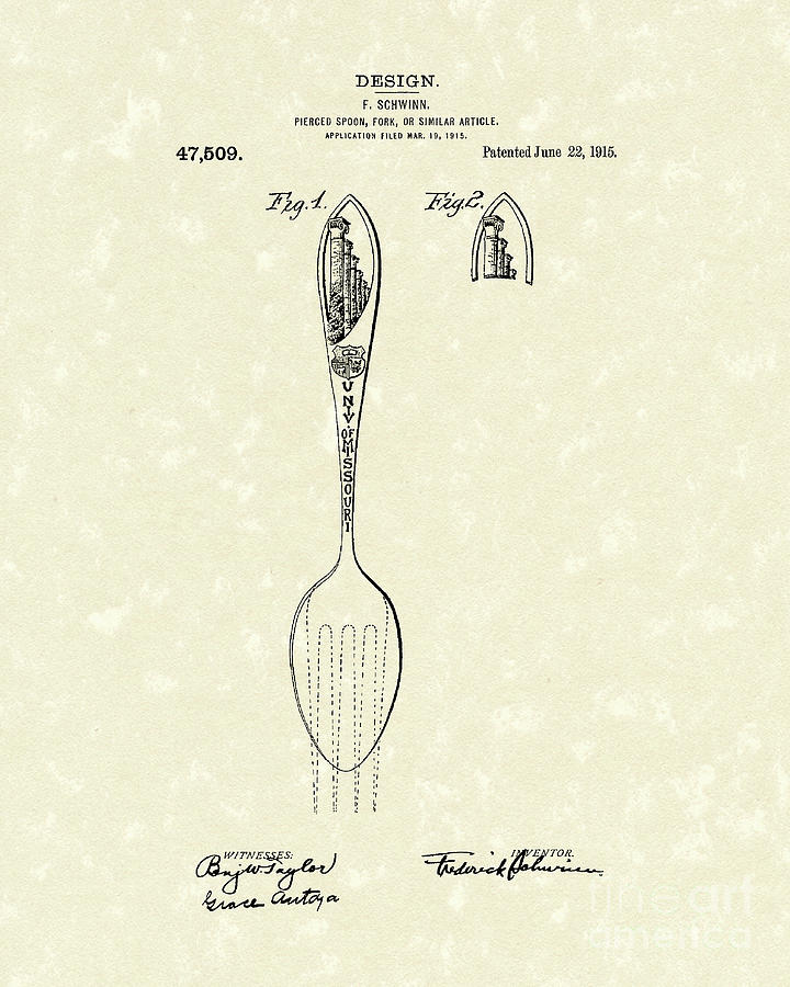 Designer Spoon 1915 Patent Art Drawing by Prior Art Design