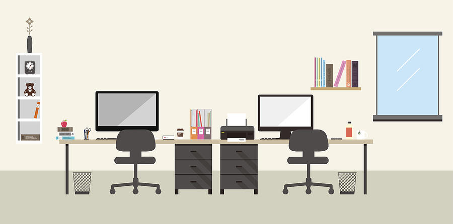 Desk With Computer And Other Things, Vector Drawing by Hakule