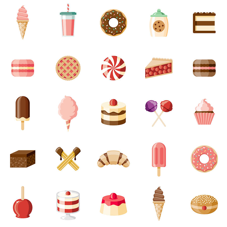 Desserts & Sweet Foods Flat Design Icon Set Drawing by Bortonia