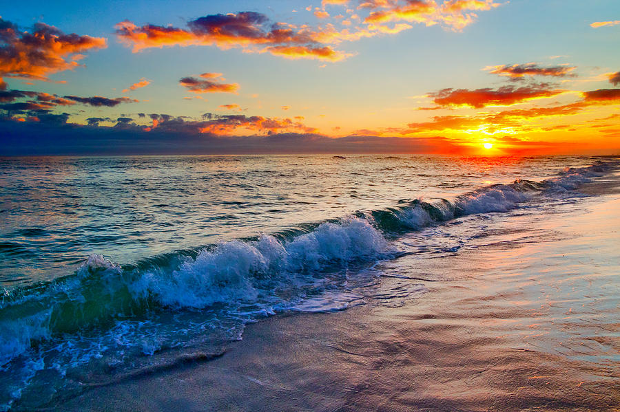 Destin Beach Vibrant Red Sunset Over Breaking Wave by eSzra