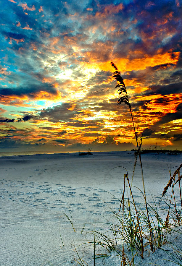 Sunset Photograph - Destin Florida White Sand Landscape-Fiery Red Sky Sunset by Eszra Tanner