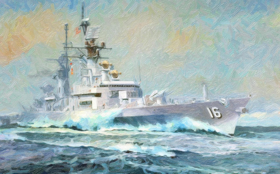Destroyer in blue seas Painting by MotionAge Designs