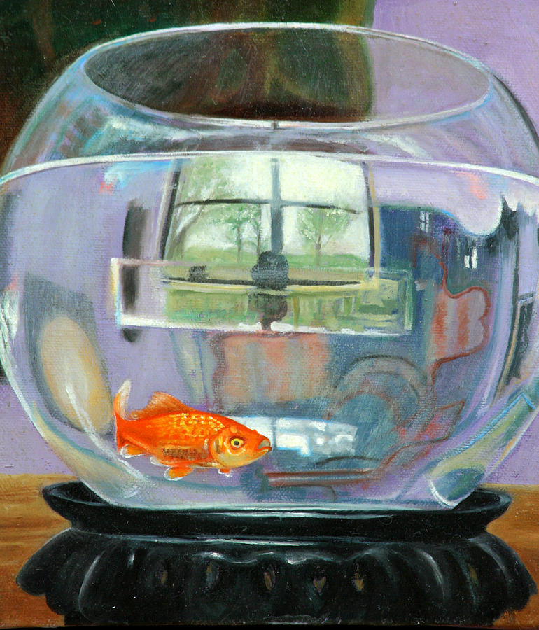detail fish bowl of Fishing Painting by Anne Cameron Cutri
