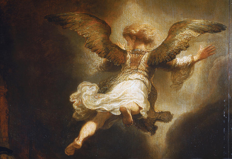 Rembrandt Van Rijn Painting - Detail Of Angel Raphael Leaving Tobit And His Family by Celestial Images