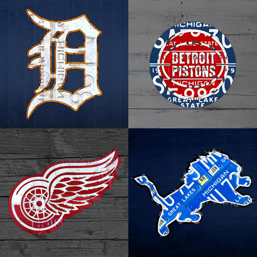 Detroit Sports Fan Recycled Vintage Michigan License Plate Art Tigers  Pistons Red Wings Lions Mixed Media by Design Turnpike - Fine Art America