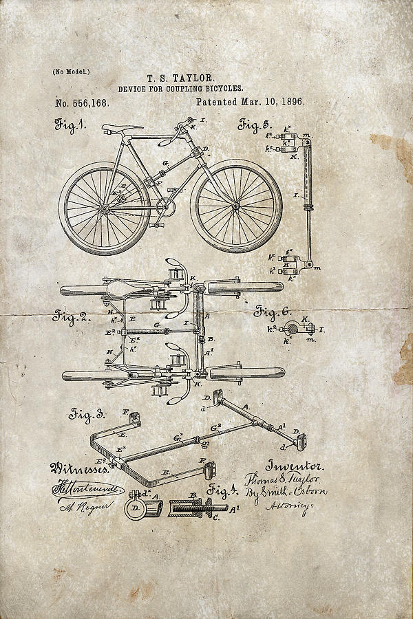 Device For Coupling Bicycles Patent 1896 Digital Art by Paulette B Wright