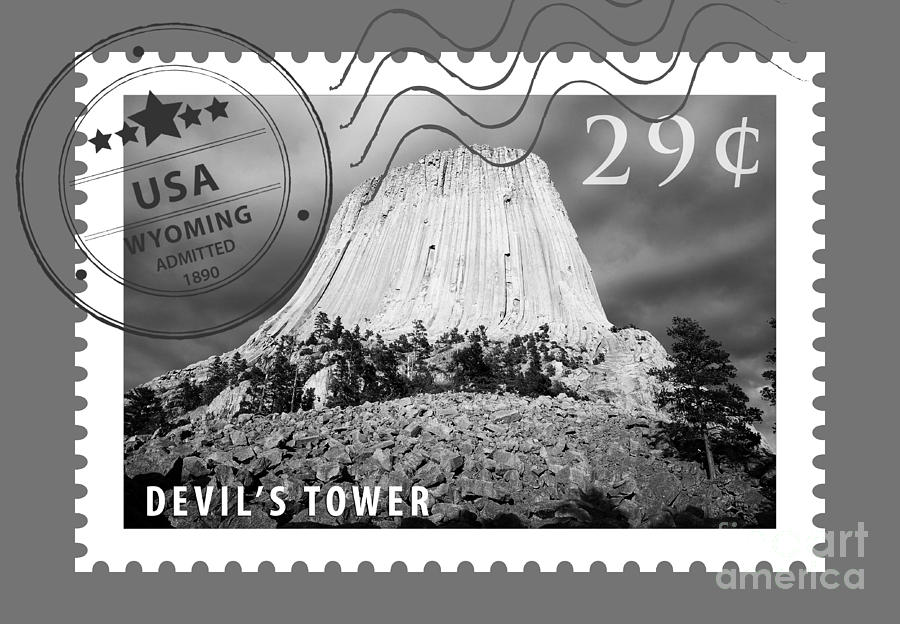 Devils Tower National Monument Wyoming USA Black and White Stamp Themed Poster Digital Art by Shawn OBrien