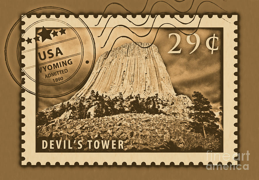 Devils Tower National Monument Wyoming USA Rustic Stamp Themed Poster Photograph by Shawn OBrien