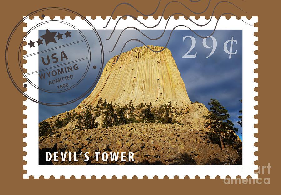 Devils Tower National Monument Wyoming USA Stamp Themed Poster Digital Art by Shawn OBrien
