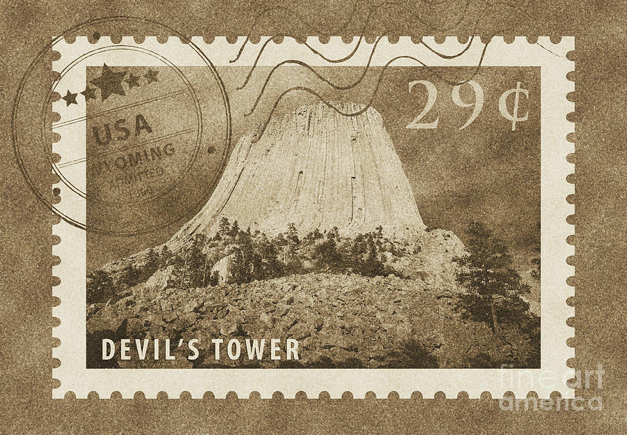 Devils Tower National Monument Wyoming USA Vintage Stamp Themed Poster Digital Art by Shawn OBrien