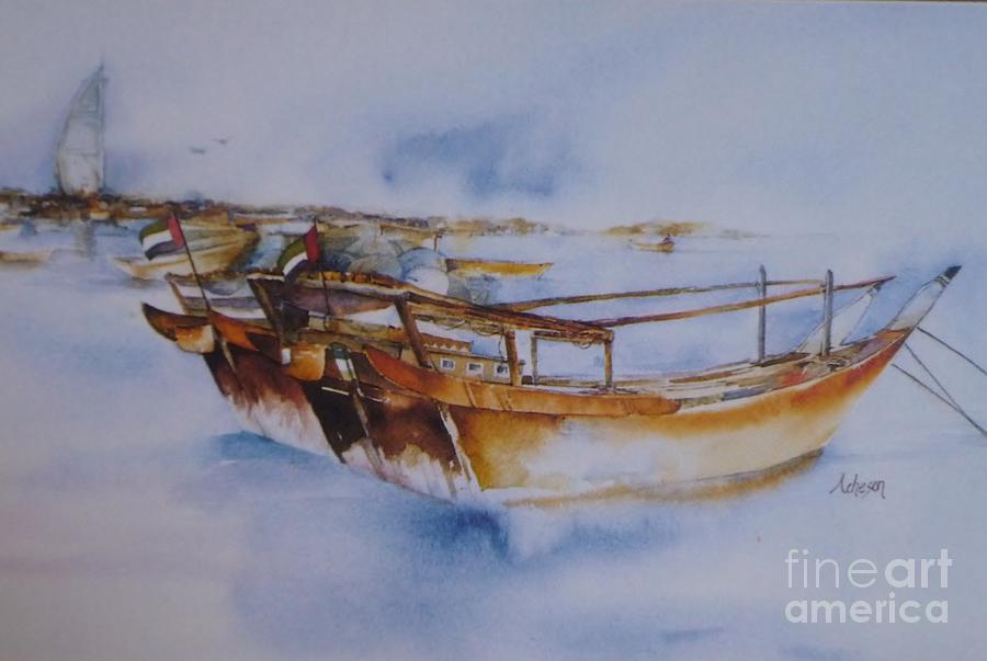 Dhow and Burg al Arab Painting by Donna Acheson-Juillet