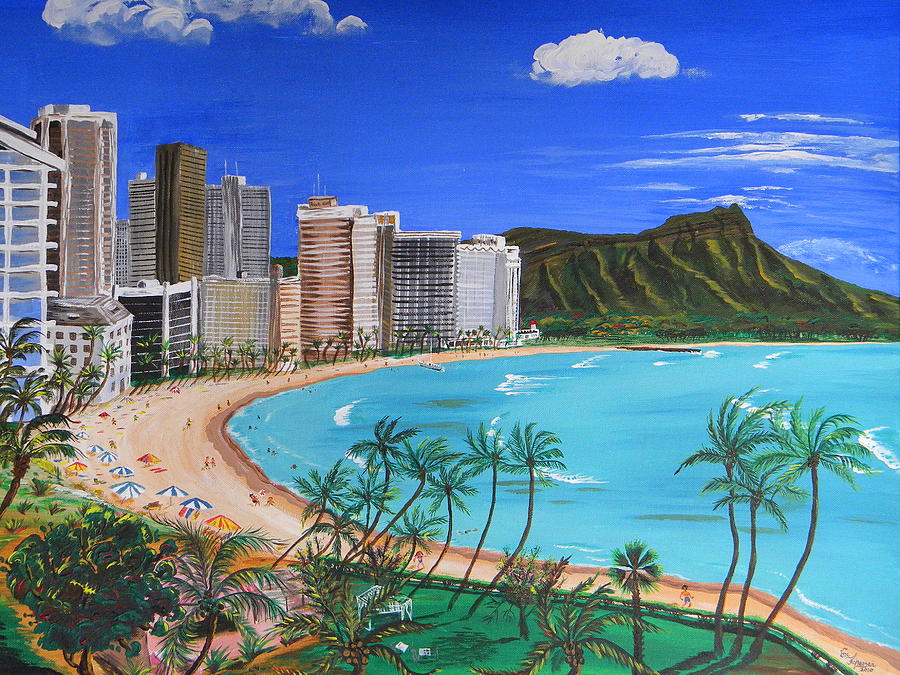 Diamond Head and Waikiki Beach Painting by Eric Johansen